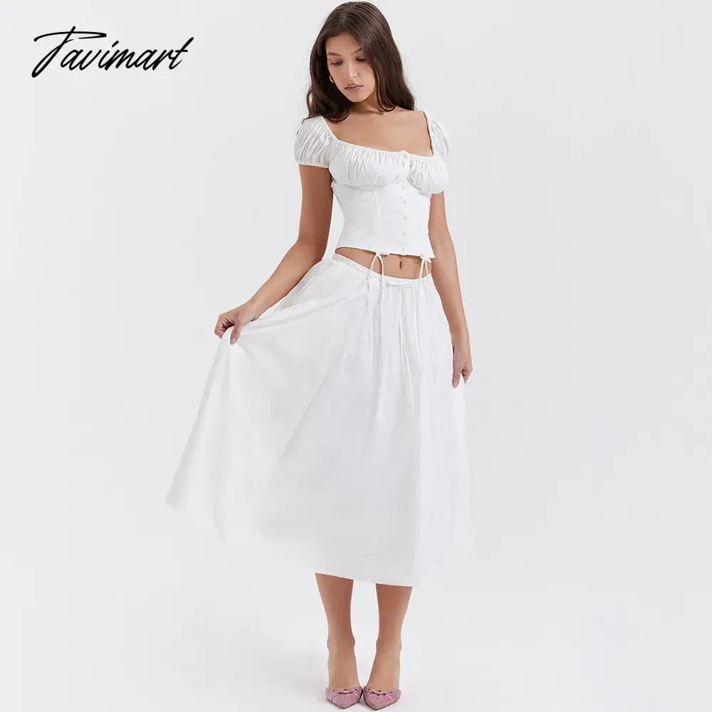 Tavimart Summer White 2 Pieces Set Elegant Square Neck Cropped Top and Drawstring Skirt Set Women Holiday Party Dress Tunics Stylish elegant Tavimart Summer White 2 Pieces Set Elegant Square Neck Cropped Top and Drawstring Skirt Set Women Holiday Party Dress Tunics Stylish elegant