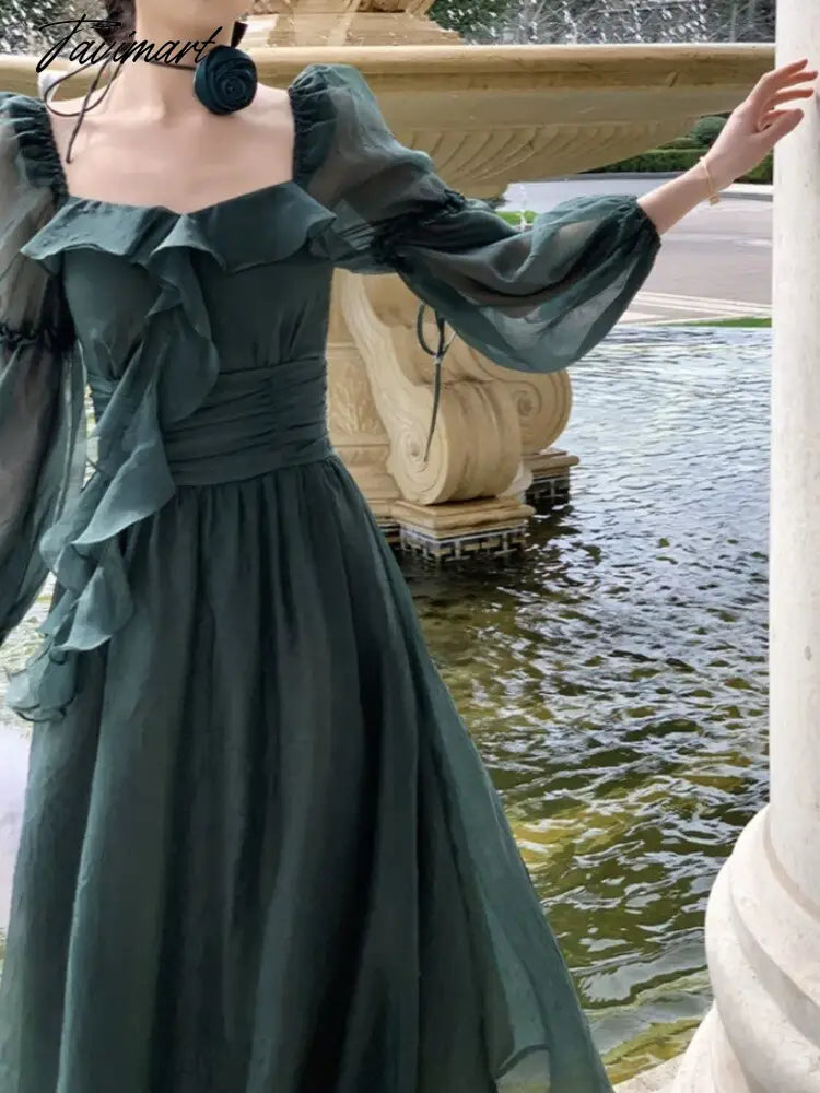 Tavimart Vintage Green Ruffle Women Fairy Dress Female Square Collar High Waist A-line Midi Party Dress Lday Holiday Beach Dress Tunics Travel practical Tavimart Vintage Green Ruffle Women Fairy Dress Female Square Collar High Waist A-line Midi Party Dress Lday Holiday Beach Dress Tunics Travel practical