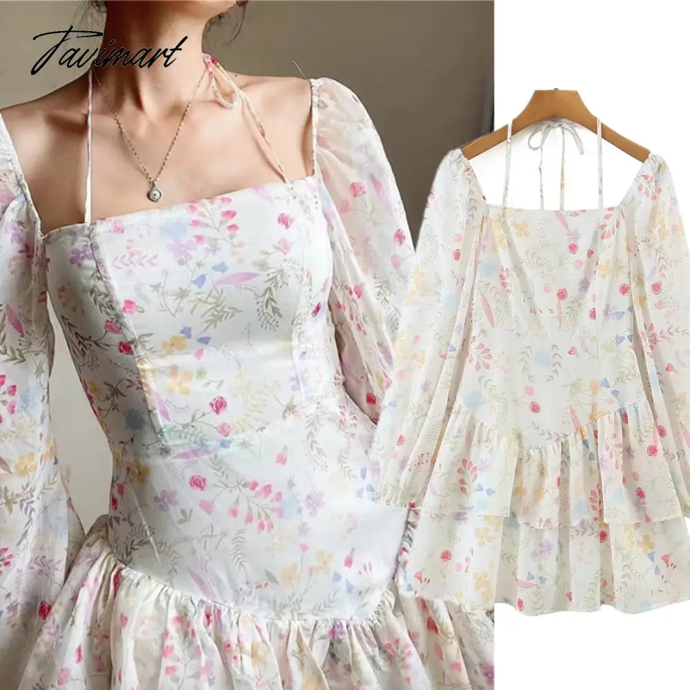 Tavimart French Style Ins Fashion Dress Bogger Floral Print Chiffon Square Collar Party Dress Cascading Mini Dress Women Tunics Fashionable trendy Tavimart French Style Ins Fashion Dress Bogger Floral Print Chiffon Square Collar Party Dress Cascading Mini Dress Women Tunics Fashionable trendy