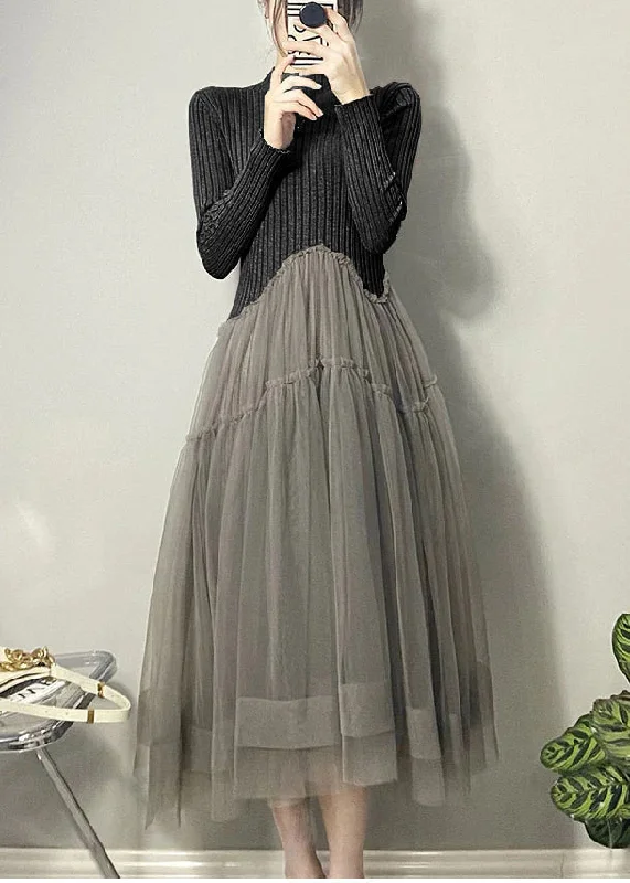 Beautiful Black Asymmetrical Tulle Patchwork Long Dresses Fall Tunics Evening elegant Beautiful Black Asymmetrical Tulle Patchwork Long Dresses Fall Tunics Evening elegant
