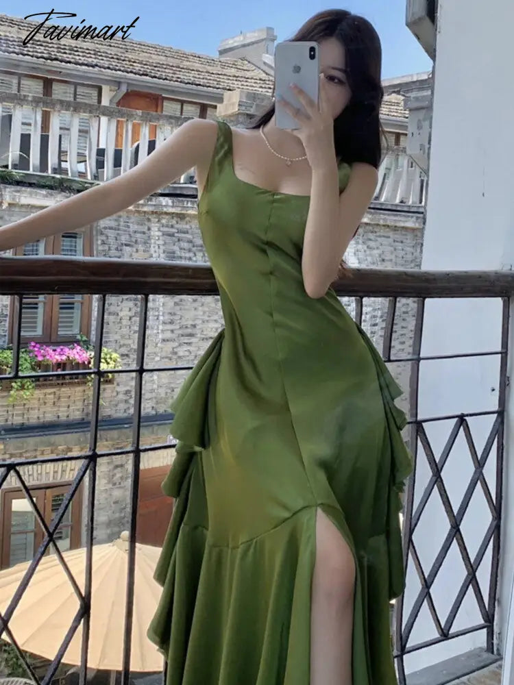 Tavimart Summer Women Long Satin Dress Sleeveless Sexy Backless Silk Slit Ruffle Maxi Beach Robe Party Dresses Evening Dresses Tunics Satin smooth Tavimart Summer Women Long Satin Dress Sleeveless Sexy Backless Silk Slit Ruffle Maxi Beach Robe Party Dresses Evening Dresses Tunics Satin smooth