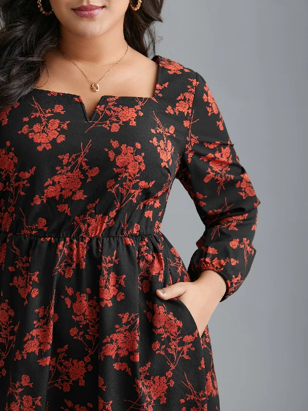 Silhouette Floral Print Notched Dress Tunics Stylish elegant