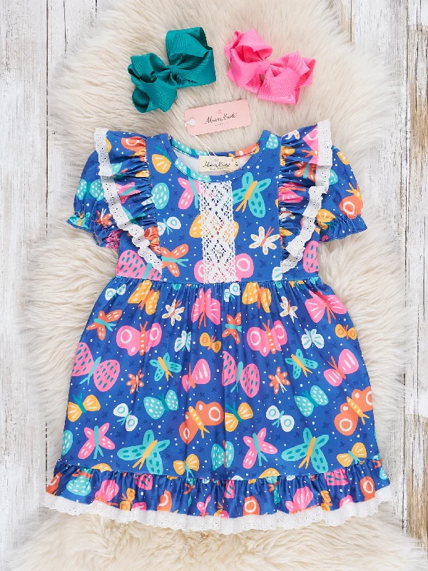 Navy Butterflies Ruffle Dress Tunics Trendy modern