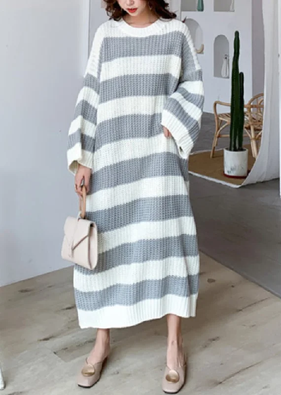 Grey Hollow Out Patchwork Knit Dress O Neck Spring Tunics Custom made