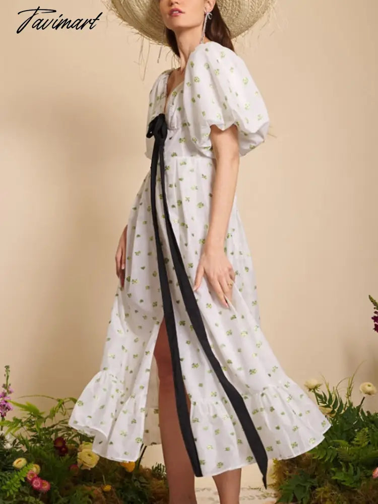 Tavimart Women's Floral Print White Dress 2024 V-neck Puff Sleeve Lace-up High Waist Tunics Slit A-line Mid-calf Evening Party Dresses Tunics Versatile stylish Tavimart Women's Floral Print White Dress 2024 V-neck Puff Sleeve Lace-up High Waist Tunics Slit A-line Mid-calf Evening Party Dresses Tunics Versatile stylish