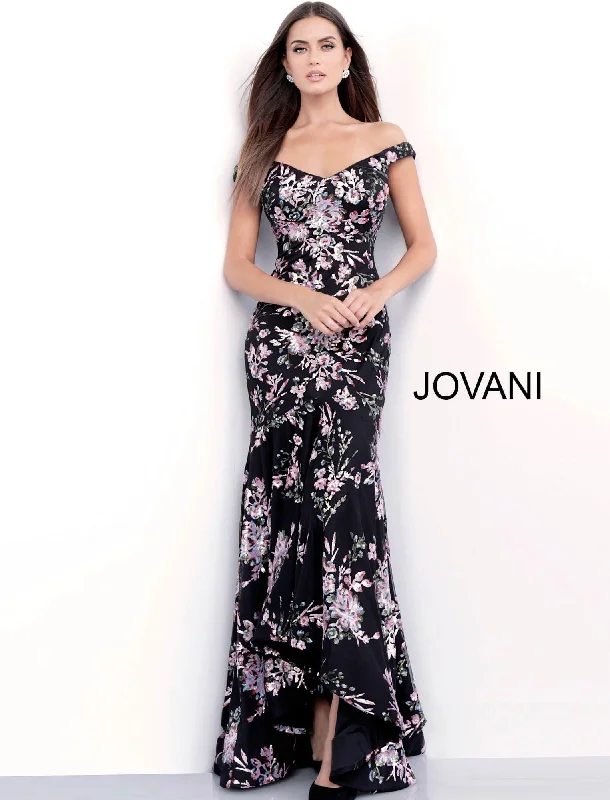 Jovani 63951 Off-The-Shoulder Floral Long Party Dress Halter Neckline Beach