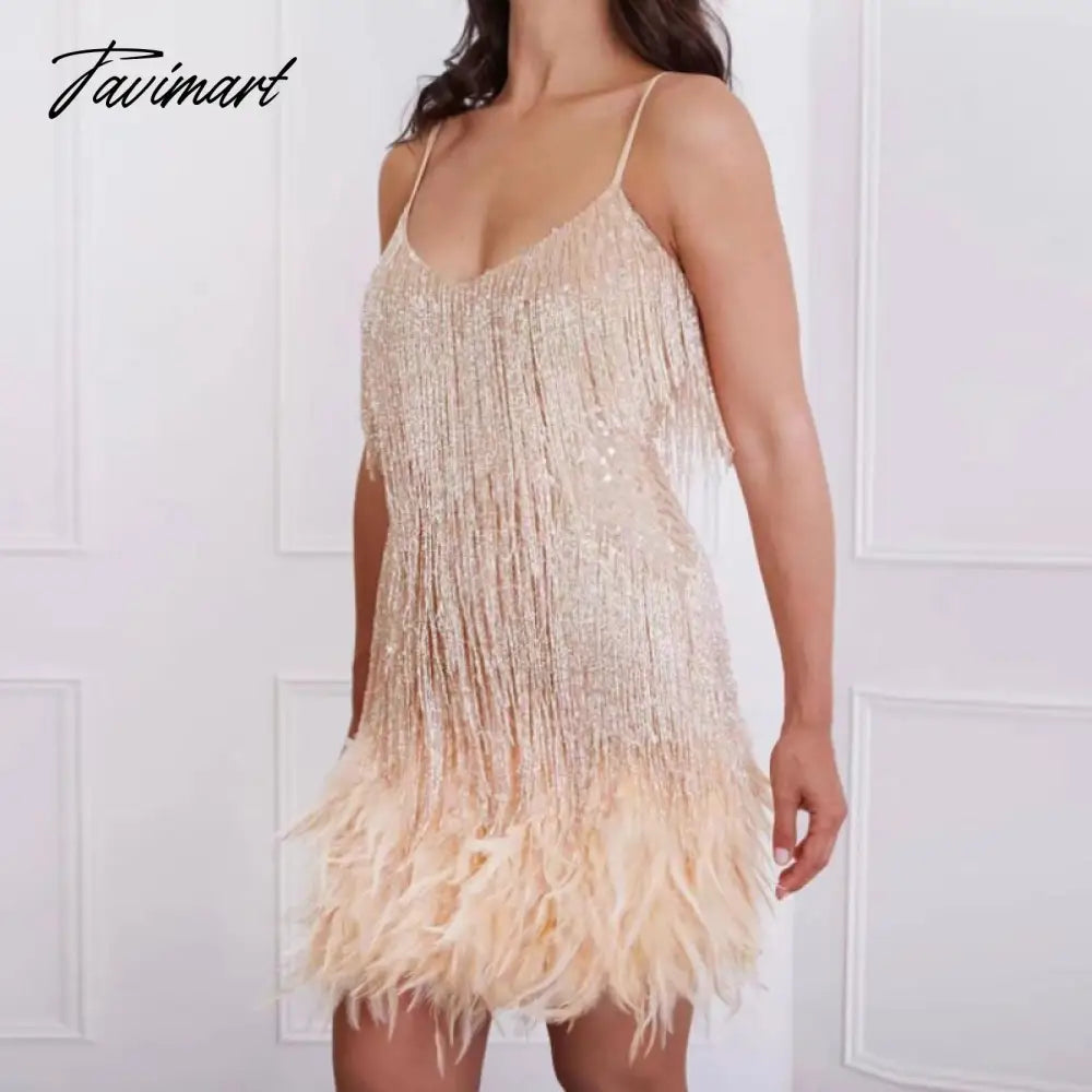 Tavimart Women Elegant Shiny Tassel Fur Party Dress Fashion Suspender Backless V-neck Mini Dress Ladies Sexy Sleeveless Slim Dresses Crew Neckline Casual Tavimart Women Elegant Shiny Tassel Fur Party Dress Fashion Suspender Backless V-neck Mini Dress Ladies Sexy Sleeveless Slim Dresses Crew Neckline Casual