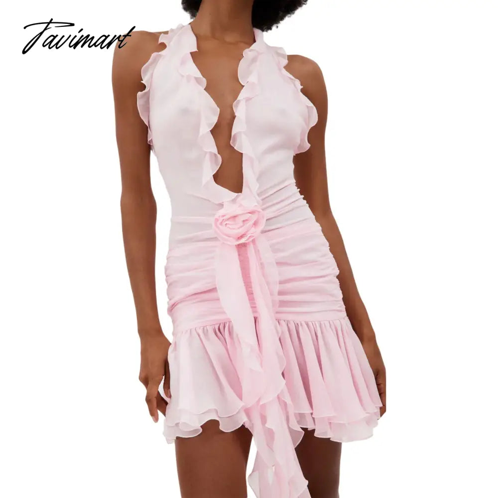 Tavimart Women Sleeveless Halterneck Dress Summer Ruffled Flower Ruched Cocktail Party Dress with Tassels for Club Streetwear empire Waist empire Tavimart Women Sleeveless Halterneck Dress Summer Ruffled Flower Ruched Cocktail Party Dress with Tassels for Club Streetwear empire Waist empire