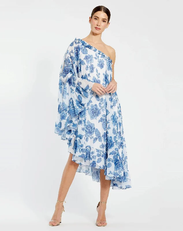 Floral Print One Shoulder Cape Dress Tunics Fall fleece