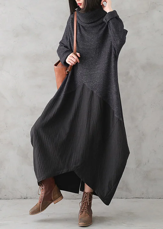 Casual Dark Gray Turtleneck Button Linen Patchwork Knit Long Dress Fall Tunics Canvas sturdy Casual Dark Gray Turtleneck Button Linen Patchwork Knit Long Dress Fall Tunics Canvas sturdy