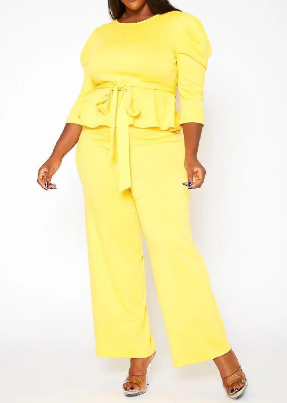 HI Curvy Plus Size Women Solid Peplum Top & Straight Pants Set Casual Drawstring Pants HI Curvy Plus Size Women Solid Peplum Top & Straight Pants Set Casual Drawstring Pants