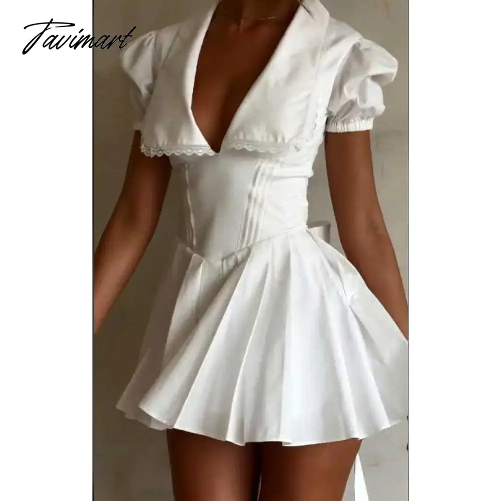 Tavimart Inspired WHITE PLEATED MINI DRESS plunge neckline puff sleeve summer dress cotton white party dress new sexy women dress Tunics Trousers formal Tavimart Inspired WHITE PLEATED MINI DRESS plunge neckline puff sleeve summer dress cotton white party dress new sexy women dress Tunics Trousers formal