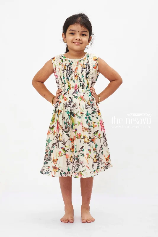 Aviary Elegance Summer Dress: Girls' Sleeveless Frock with Vivid Bird Print Tunics Formal black Aviary Elegance Summer Dress: Girls' Sleeveless Frock with Vivid Bird Print Tunics Formal black