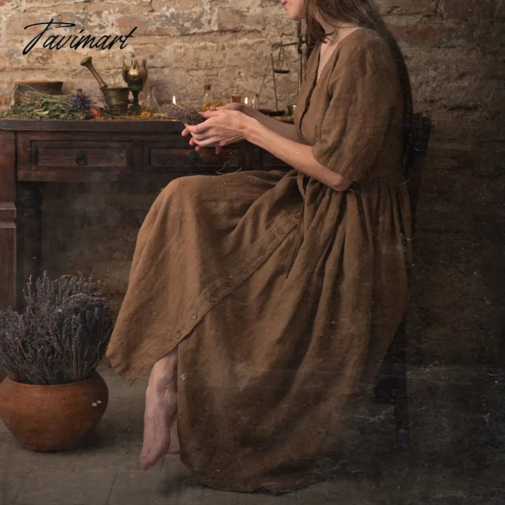 Tavimart Retro Cotton Linen Women Dress Elegant V-Neck Short Sleeve Button Up Solid Streetwear Long Maxi Party Dress With Pocket And Belt Turtleneck Warm Winter Tavimart Retro Cotton Linen Women Dress Elegant V-Neck Short Sleeve Button Up Solid Streetwear Long Maxi Party Dress With Pocket And Belt Turtleneck Warm Winter