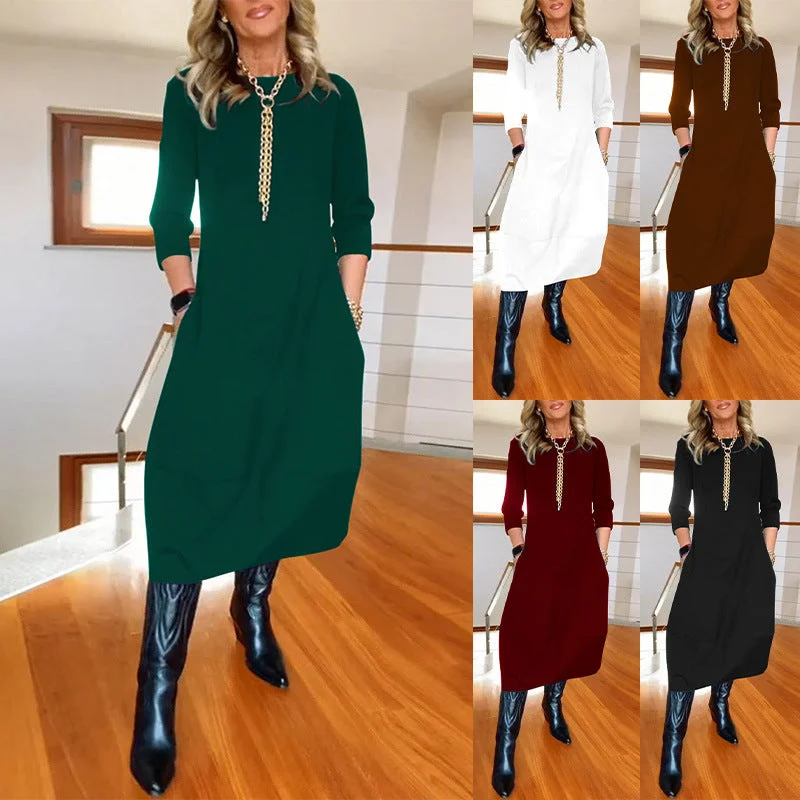 Autumn And Winter New All-matching Solid Color Loose Round-neck Long-sleeved Dress Women Tunics Versatile stylish Autumn And Winter New All-matching Solid Color Loose Round-neck Long-sleeved Dress Women Tunics Versatile stylish
