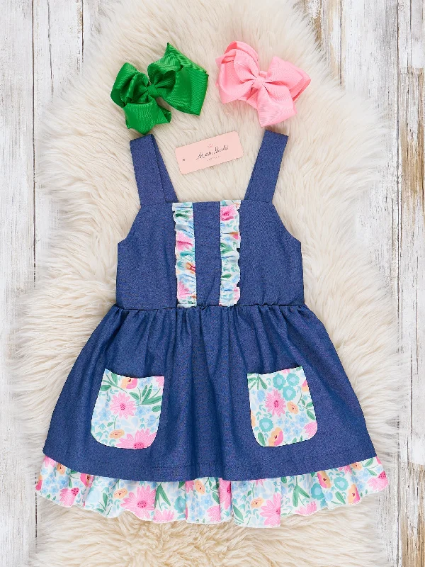 Chambray Floral Ruffle Dress Tunics Fashionable trendy