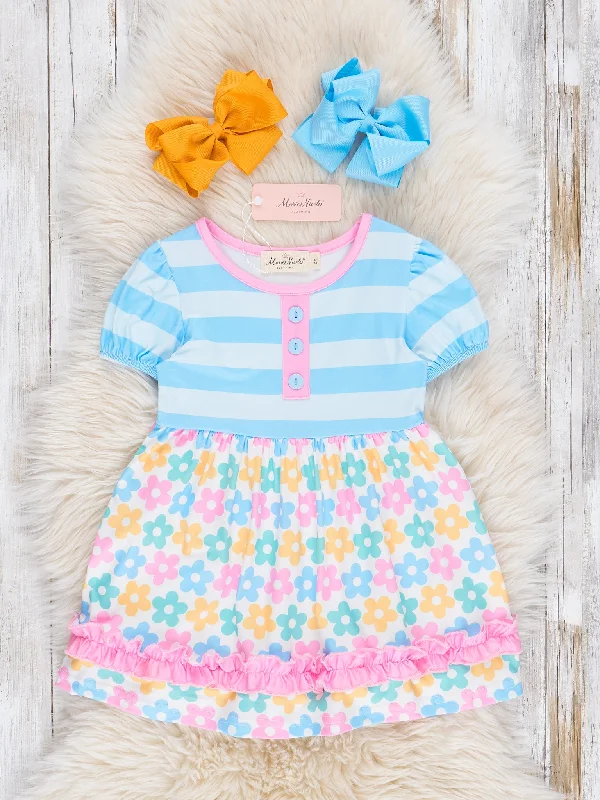 Pink Blue Flowers Stripes Dress Tunics Luxurious premium