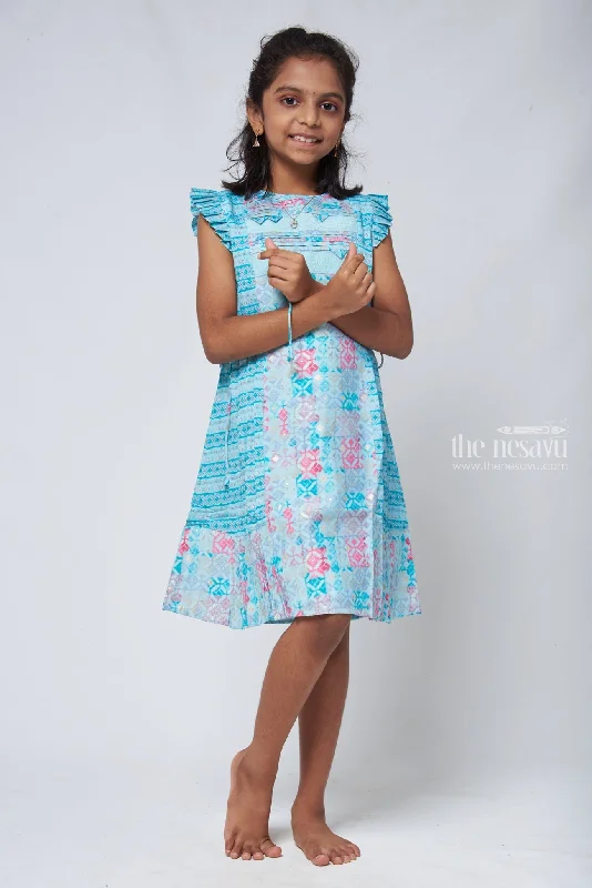 Blue Geometric A-line Frock - Trendy Girls Cotton Dress Tunics Recommended stylist