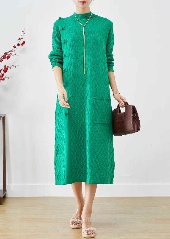 Fashion Green Plaid Chinese Button Knitwear Dress Winter Tunics Versatile all-occasion