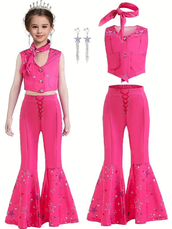 Kid's Movie Doll Cosplay Costume, Vest & Flared Pants & Accesssories, Girl's Cowgirl Dress Up Suit For Halloween Party Cozy Fitted Pants Kid's Movie Doll Cosplay Costume, Vest & Flared Pants & Accesssories, Girl's Cowgirl Dress Up Suit For Halloween Party Cozy Fitted Pants