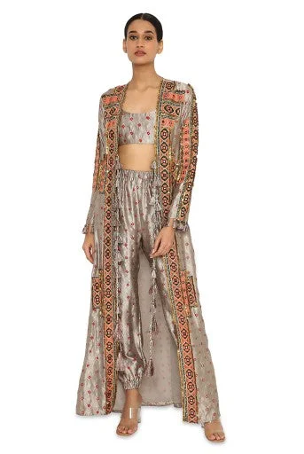 Hana Grey Colour Bandhani Silk Embroidered Jacket With Bustier And Jogger Pants Casual Lounge Pants Hana Grey Colour Bandhani Silk Embroidered Jacket With Bustier And Jogger Pants Casual Lounge Pants