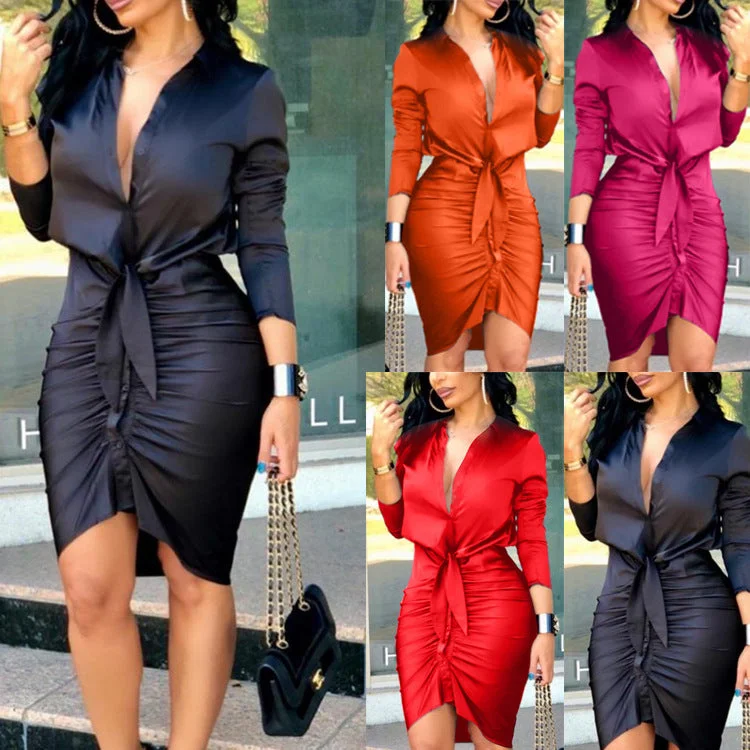 Women Lace-up Solid Color Long Sleeve Midi Dress Shirt Dress Elegant Fashion Party Dress High-Low Hemline Casual Women Lace-up Solid Color Long Sleeve Midi Dress Shirt Dress Elegant Fashion Party Dress High-Low Hemline Casual