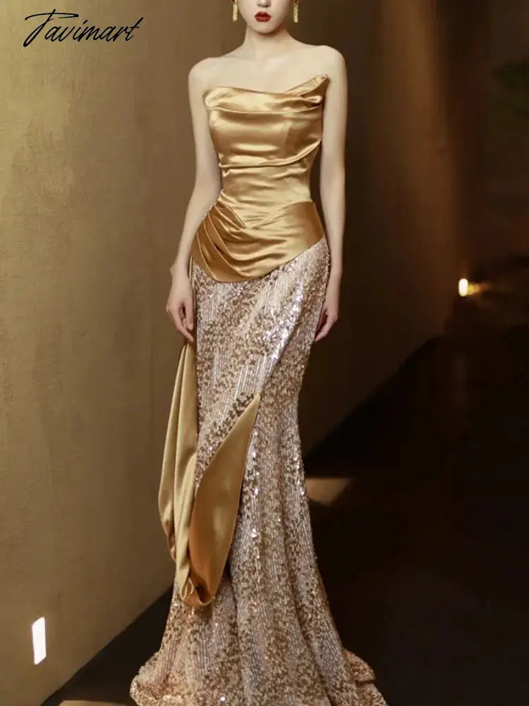 Tavimart Golden Tube Evening Dress Strapless Temperament Trumpet Stain Sequined Patchwork Wedding Party Dress Slim Waist Prom Dresses Tunics Favorite customer Tavimart Golden Tube Evening Dress Strapless Temperament Trumpet Stain Sequined Patchwork Wedding Party Dress Slim Waist Prom Dresses Tunics Favorite customer