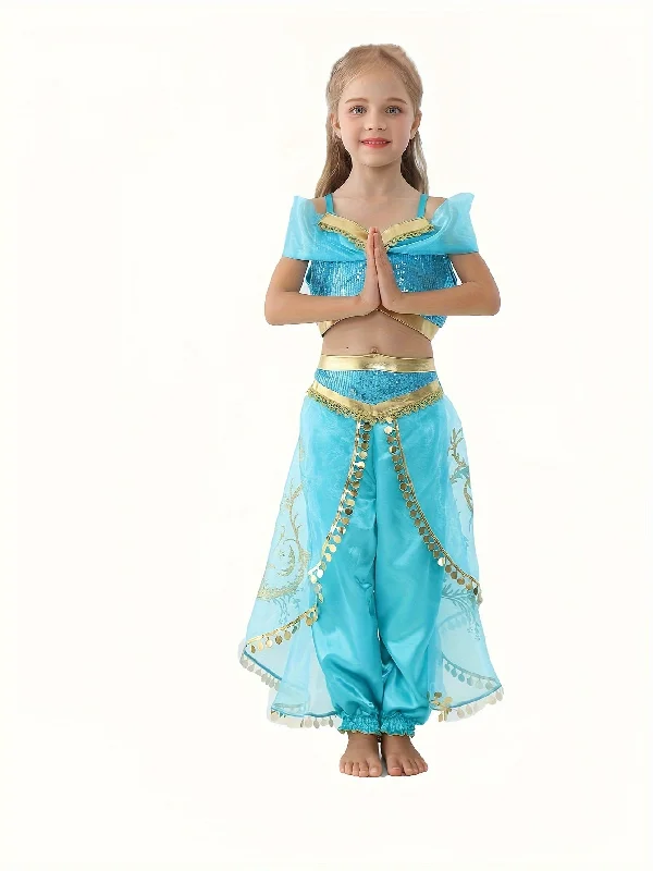 2-Piece Vibrant Cartoon Latin Princess Dress Up Set - Costumes for Girls with Mesh Sequin Cropped Top, Mesh Overlay Harem Pants, Perfect for Halloween Party, Dress-up, and Playtime Modern Stretch Trousers 2-Piece Vibrant Cartoon Latin Princess Dress Up Set - Costumes for Girls with Mesh Sequin Cropped Top, Mesh Overlay Harem Pants, Perfect for Halloween Party, Dress-up, and Playtime Modern Stretch Trousers