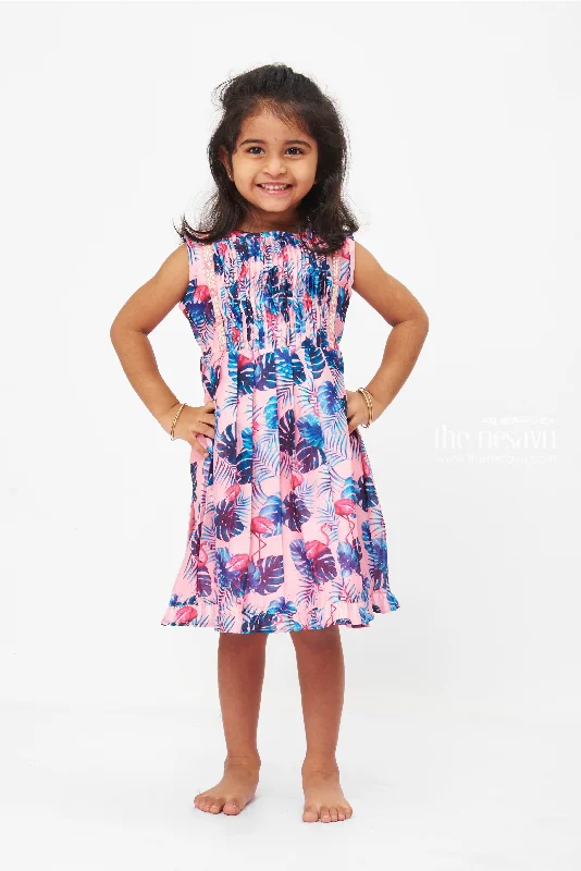 Tropical Flamingo Fiesta Dress: Playful Pink Frock with Lush Leaf Print for Girls Tunics Ceremony elegant Tropical Flamingo Fiesta Dress: Playful Pink Frock with Lush Leaf Print for Girls Tunics Ceremony elegant