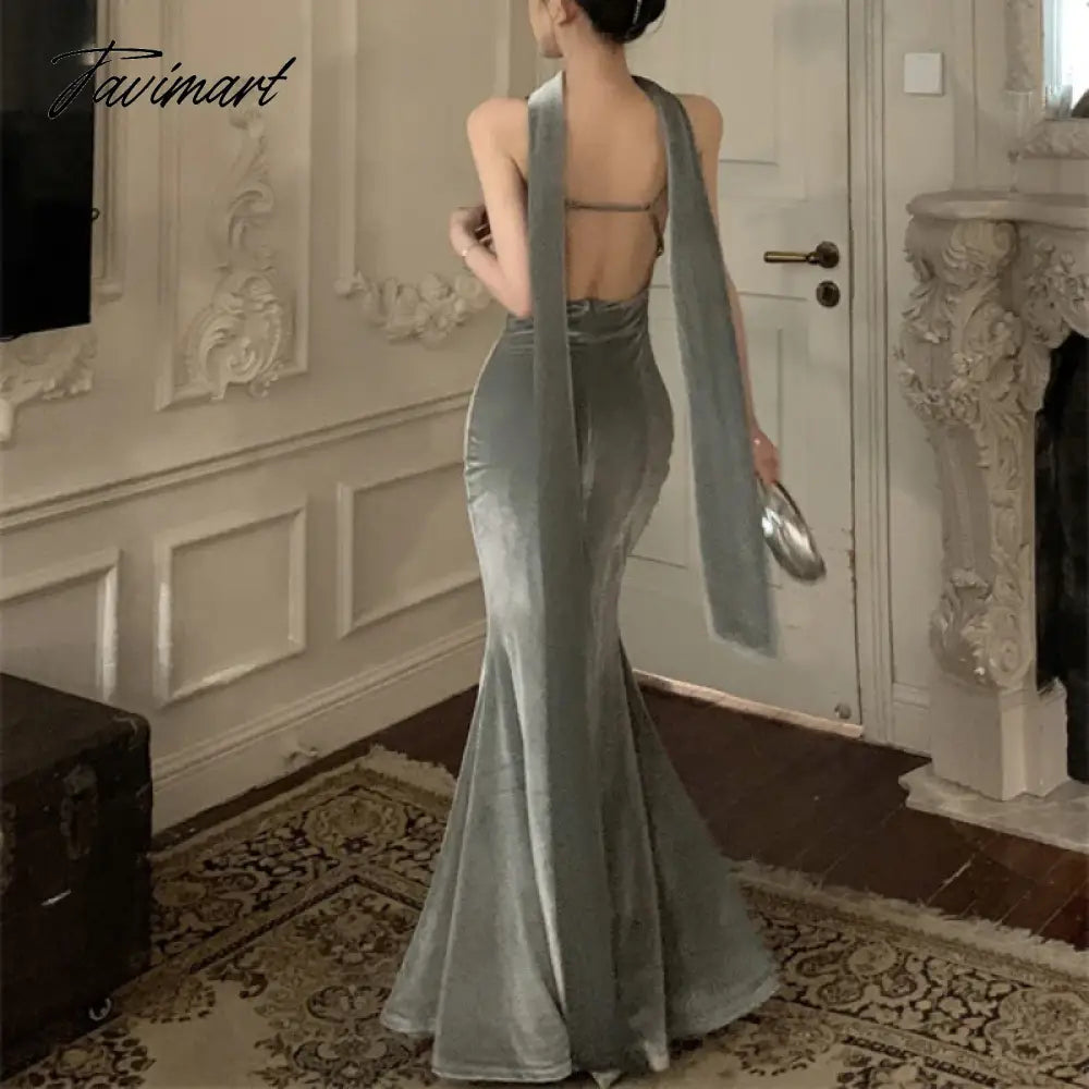 TAVIMART Korean Backless Lace Up Velvet Elegant Party Dress Women 2024 Spring New V-Neck Sexy Slim Floor-Length Dress Women with Scarf Tunics Plaid country TAVIMART Korean Backless Lace Up Velvet Elegant Party Dress Women 2024 Spring New V-Neck Sexy Slim Floor-Length Dress Women with Scarf Tunics Plaid country
