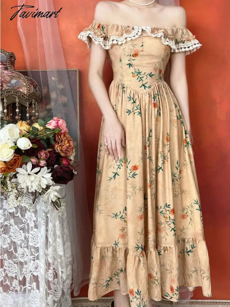 Tavimart Floral Print French Vintage Dress Women Off Shoulder Elegant Sweet Long Dress Female Lace Retro Evening Party Dress Summer Tunics stripes playful Tavimart Floral Print French Vintage Dress Women Off Shoulder Elegant Sweet Long Dress Female Lace Retro Evening Party Dress Summer Tunics stripes playful