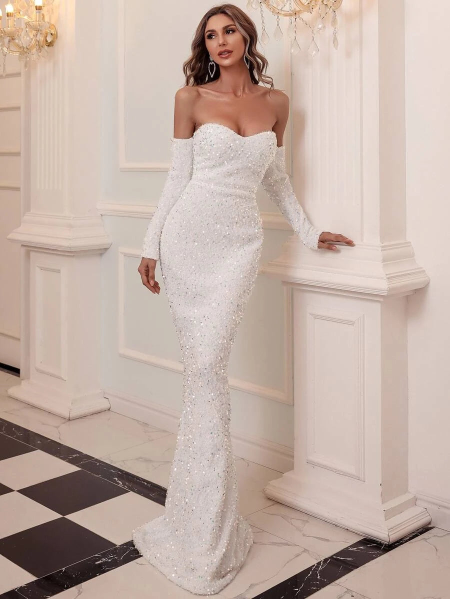 White Off-Shoulder Sequin Embellishments Long Sleeves Party Dress Tunics Spring floral White Off-Shoulder Sequin Embellishments Long Sleeves Party Dress Tunics Spring floral