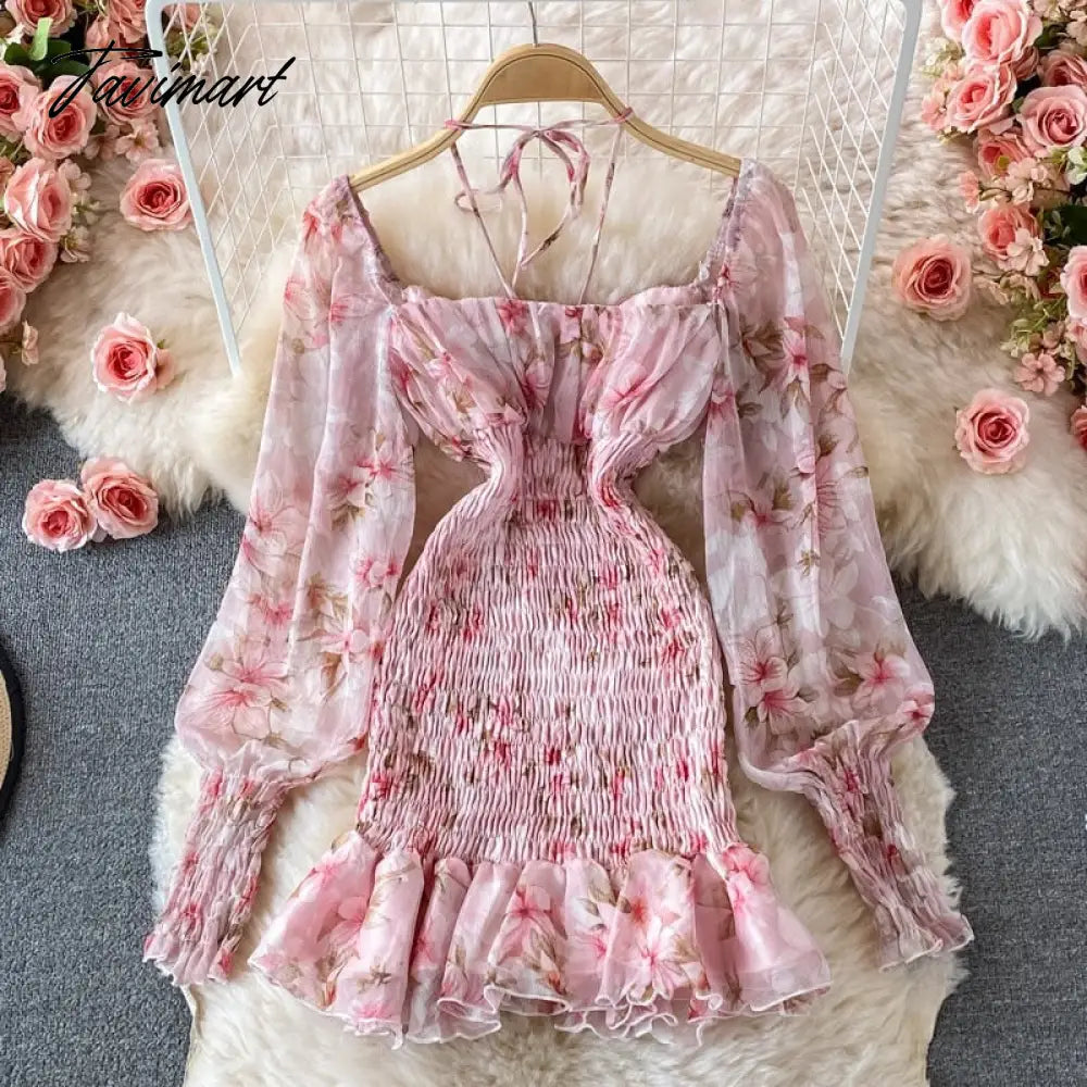 Tavimart Summer Women Chic Elastic Pleated Fishtail Dress Vintage Square Collar Halter Chiffon Floral Mini Dress Puff Long Party Dresses Tunics Corduroy durable Tavimart Summer Women Chic Elastic Pleated Fishtail Dress Vintage Square Collar Halter Chiffon Floral Mini Dress Puff Long Party Dresses Tunics Corduroy durable