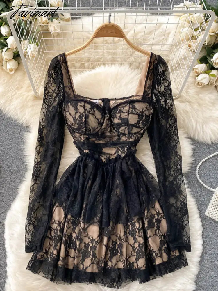 Tavimart Elegant Black Lace Dress Women Sexy Hollow Out Mini Party Dress Square Collar Full Sleeve Slim Waist A-line Clubwear Robe Femme Tunics Silk luxurious Tavimart Elegant Black Lace Dress Women Sexy Hollow Out Mini Party Dress Square Collar Full Sleeve Slim Waist A-line Clubwear Robe Femme Tunics Silk luxurious