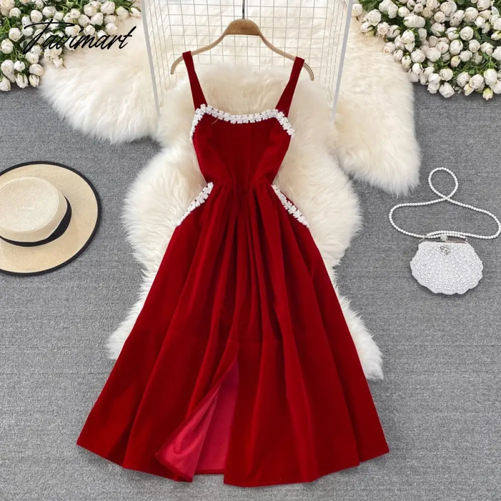 Tavimart Elegant Women Vintage Velvet Dress Winter Fashion Spaghetti Strap Sleeveless Floral Beading Pockets A-line Midi Party Dress Tunics Denim casual Tavimart Elegant Women Vintage Velvet Dress Winter Fashion Spaghetti Strap Sleeveless Floral Beading Pockets A-line Midi Party Dress Tunics Denim casual