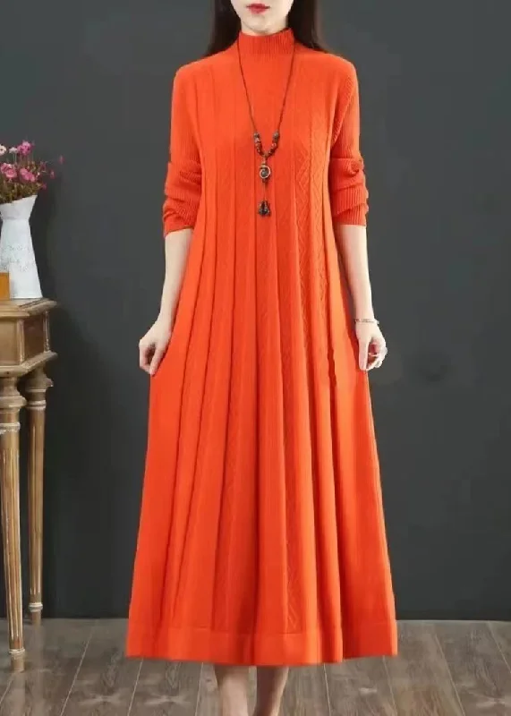 Classy Orange Hign Neck Wrinkled Patchwork Knit Long Dress Winter Tunics Solid Classic Classy Orange Hign Neck Wrinkled Patchwork Knit Long Dress Winter Tunics Solid Classic