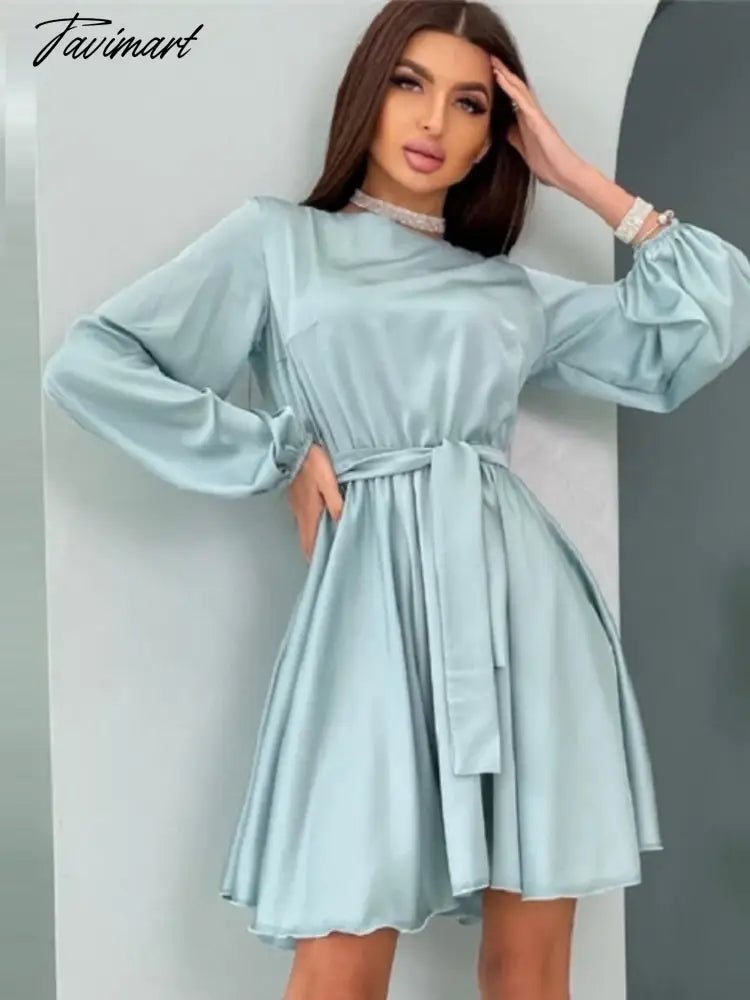 Tavimart Elegant Lantern Sleeve Satin Mini Dress Women Sexy High Waist Sashes A Line Party Dress Spring Summer New Fashion Clothing Tunics Distressed trendy Tavimart Elegant Lantern Sleeve Satin Mini Dress Women Sexy High Waist Sashes A Line Party Dress Spring Summer New Fashion Clothing Tunics Distressed trendy