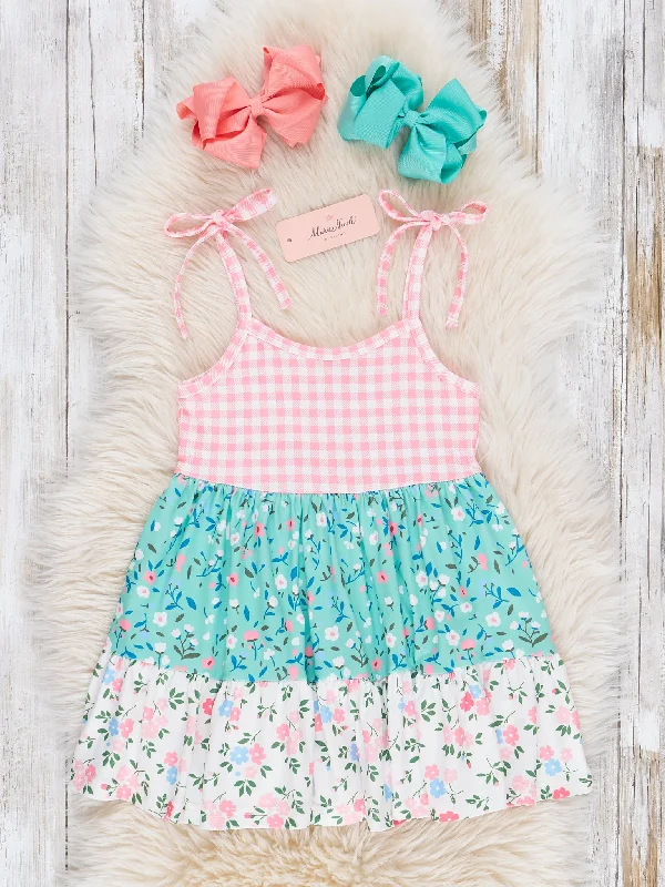 Teal & Peach Gingham Garden Tie Ruffle Dress Tunics Timeless classic