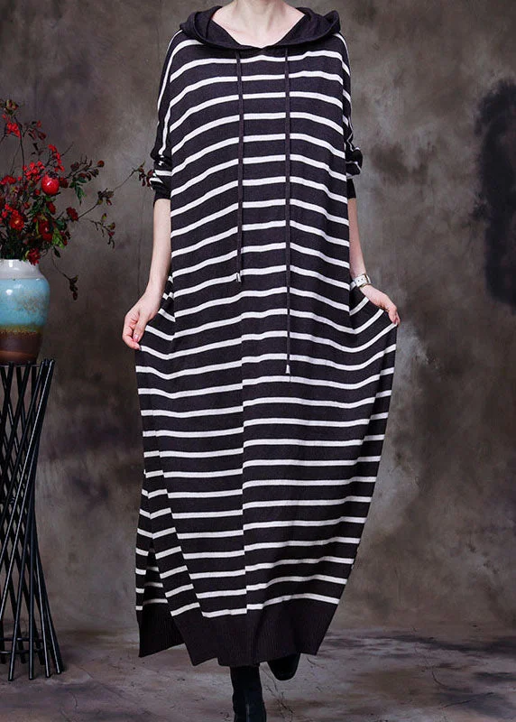 Elegant Chocolate drawstring Hooded Striped Knit Long Dresses Spring Tunics Cozy soft Elegant Chocolate drawstring Hooded Striped Knit Long Dresses Spring Tunics Cozy soft