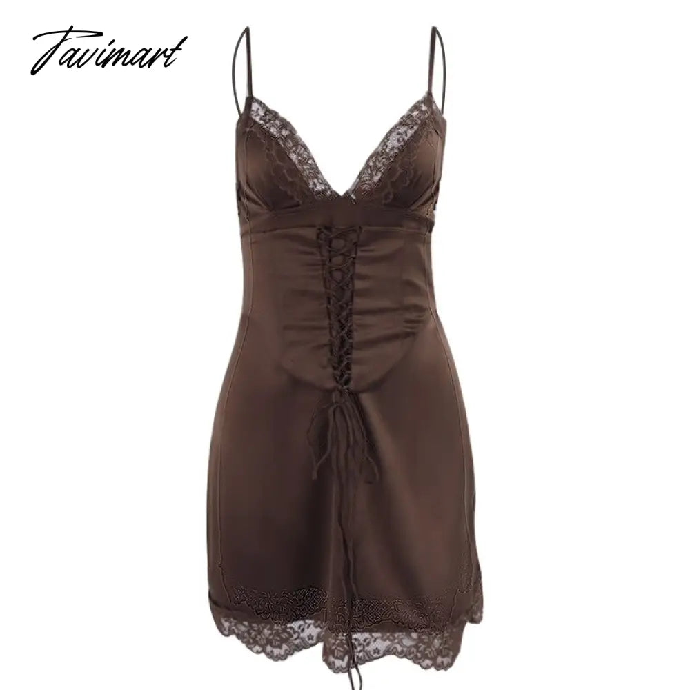 Tavimart Spaghetti Strap Satin Dress Mini Sleeveless Bodycon Birthday Holiday Party Dresses Brown Lace Dress Summer Women Tunics Luxurious high-end Tavimart Spaghetti Strap Satin Dress Mini Sleeveless Bodycon Birthday Holiday Party Dresses Brown Lace Dress Summer Women Tunics Luxurious high-end