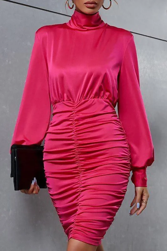 WOMEN HIGH NECK SHIRRED SKIRT PARTY DRESS Tunics Versatile functional
