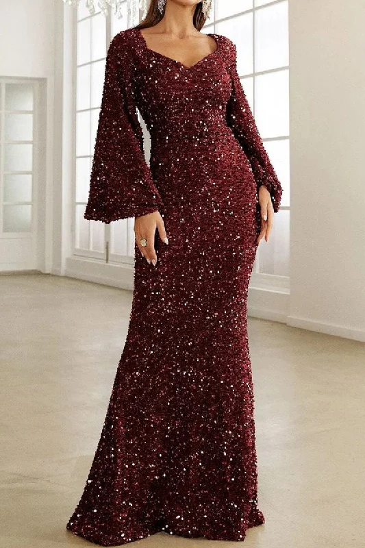 WOMEN LONG BELL SLEEVE SEQUIN MAXI PARTY DRESS Lace Sexy Club