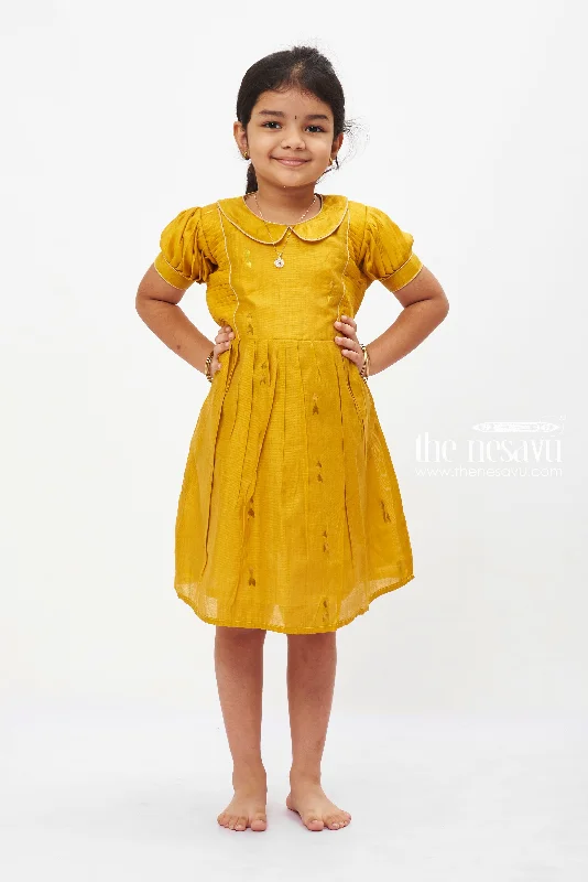 Golden Sunshine Puff Sleeve Dress: Girls' Mustard Yellow Frock with Shimmer Accents Tunics Silk luxurious Golden Sunshine Puff Sleeve Dress: Girls' Mustard Yellow Frock with Shimmer Accents Tunics Silk luxurious