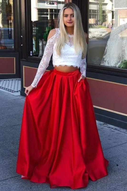 Fabulous Exquisite Precious Two Piece Cold Shoulder Prom Dress with Lace Long Sleeve Red Satin Party Dresses Tunics Cozy comfortable Fabulous Exquisite Precious Two Piece Cold Shoulder Prom Dress with Lace Long Sleeve Red Satin Party Dresses Tunics Cozy comfortable