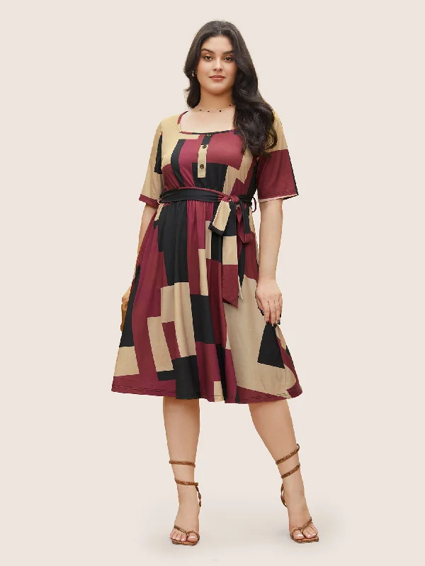 Geometric Colorblock Contrast Square Neck Belted Dress Tunics Versatile all-occasion Geometric Colorblock Contrast Square Neck Belted Dress Tunics Versatile all-occasion