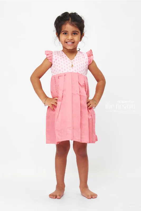 Coral Pleated Cotton Dress with Floral Printed Yoke for Girls Tunics Sophisticated sleek Coral Pleated Cotton Dress with Floral Printed Yoke for Girls Tunics Sophisticated sleek