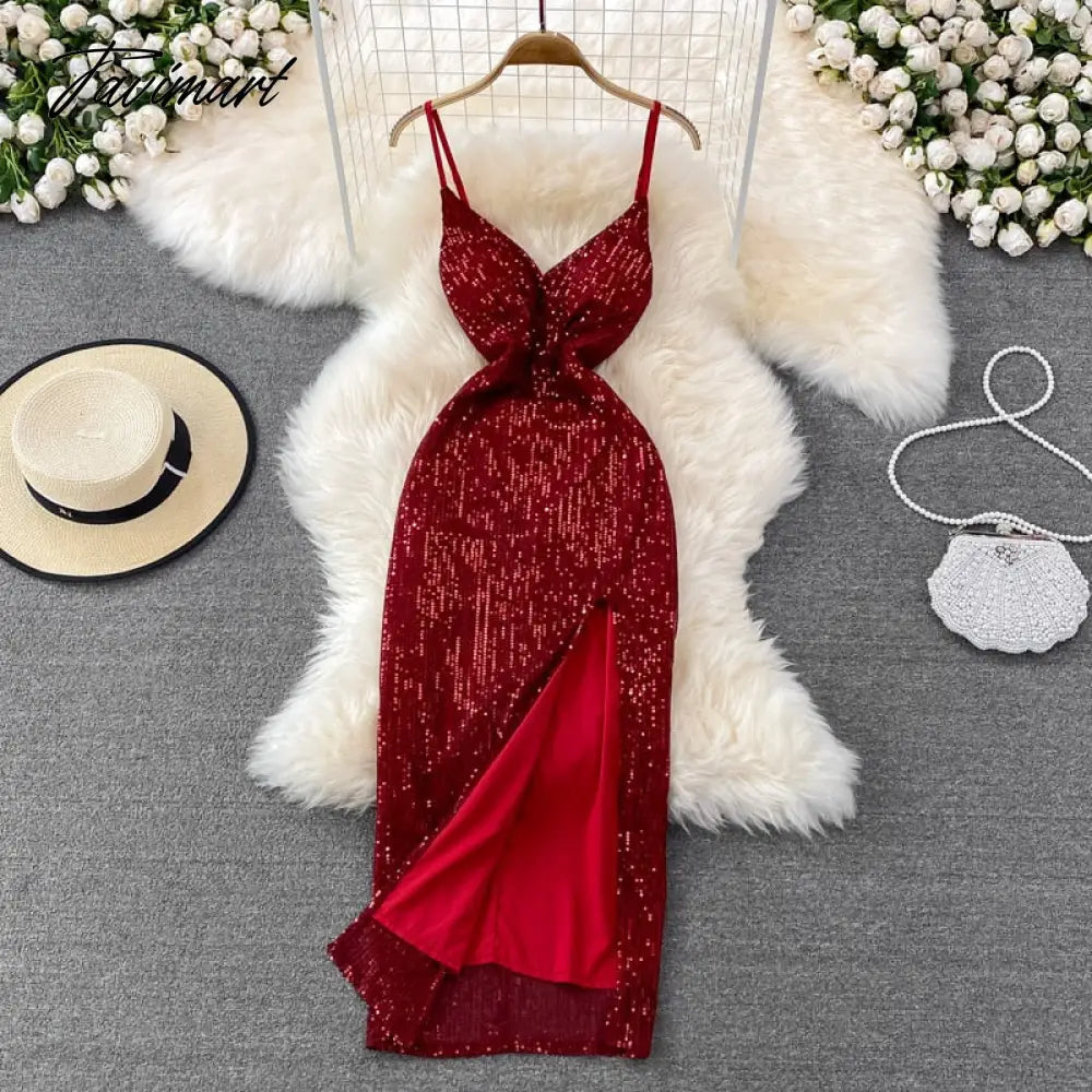 Tavimart Sexy Party Dress Women Elegant Sequins Glitter Evening Club Dresses Deep V-neck Spaghetti Strap Sleeveless Split Long Maxi Dress Turtleneck Warm Winter Tavimart Sexy Party Dress Women Elegant Sequins Glitter Evening Club Dresses Deep V-neck Spaghetti Strap Sleeveless Split Long Maxi Dress Turtleneck Warm Winter