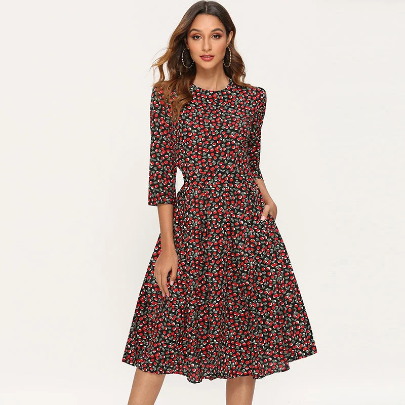 Elegant Dresses Women 2019 Vintage Floral Print A Line Party Dress Autumn Three Quarter Sleeve O-neck Midi Dress Robe Femme Peplum Ruffle Cocktail Elegant Dresses Women 2019 Vintage Floral Print A Line Party Dress Autumn Three Quarter Sleeve O-neck Midi Dress Robe Femme Peplum Ruffle Cocktail