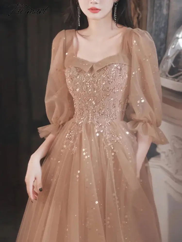 Spring Summer Party Dress Square Collar Long Puff Sleeve Evening Dress Sequined Appliques Mesh Tiered Design Prom Vestidos Tunics Stylish elegant Spring Summer Party Dress Square Collar Long Puff Sleeve Evening Dress Sequined Appliques Mesh Tiered Design Prom Vestidos Tunics Stylish elegant