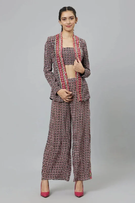 BLACK GEOMETRIC PRINT CREPE BLAZER JACKET TEAMED WITH LINEN BUSTIER AND PANTS Comfortable Denim Trousers BLACK GEOMETRIC PRINT CREPE BLAZER JACKET TEAMED WITH LINEN BUSTIER AND PANTS Comfortable Denim Trousers